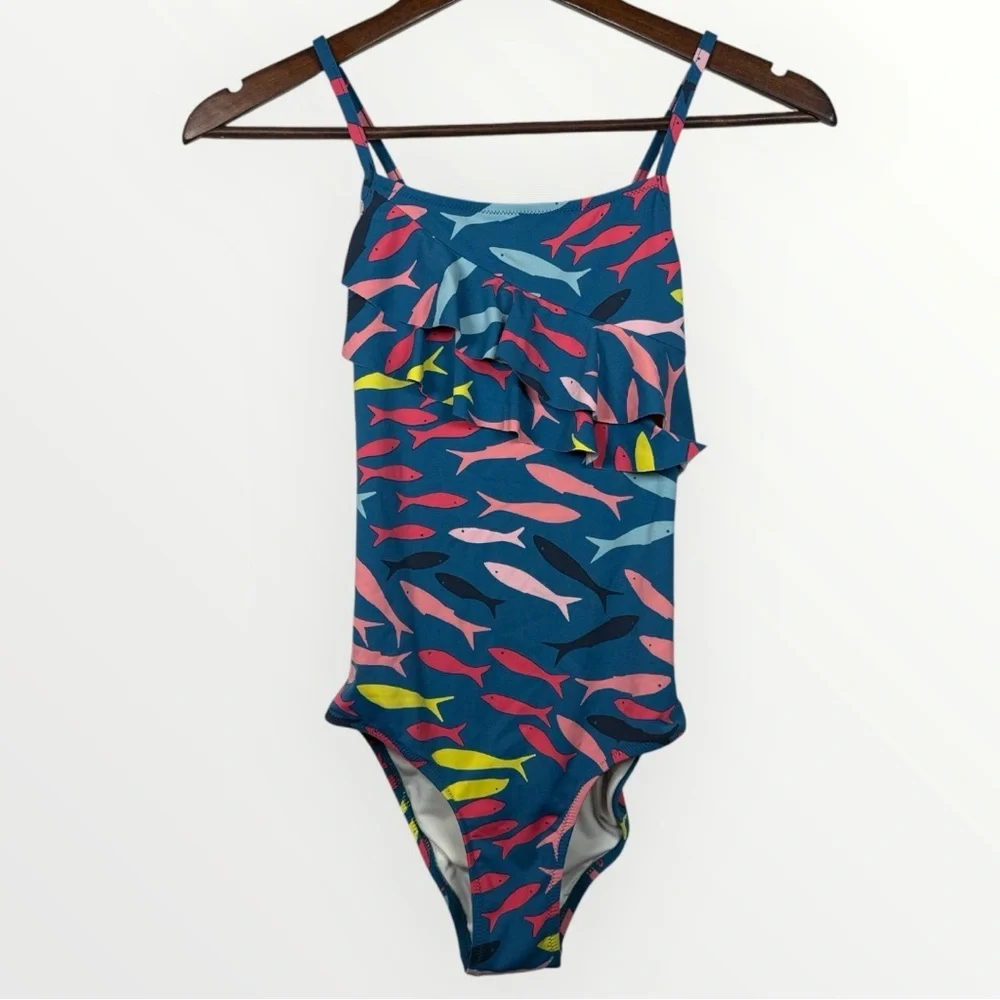 Garnet Hill Girls Size 12 Ruffle One-Piece Swimsuit Teal Fish Print Swimwear